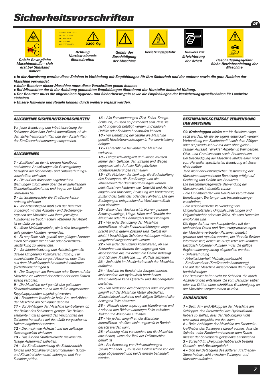 Sicherheitsvorschriften | Sulky Cultiline HR 1000 User Manual | Page 9 / 71