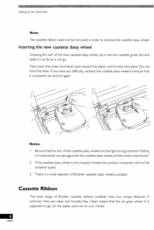 Inserting the new cassette daisy wheel, Cassette ribbon, Inserting the new daisy wheel | Brother EM-430 User Manual | Page 10 / 60