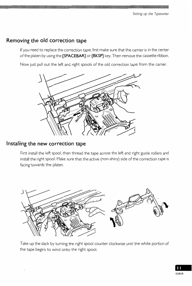 Removing the old correction tape, Installing the new correction tape, Removing the old correction tape............ i i | Installing the new correction tape............ ii | Brother EM-430 User Manual | Page 13 / 60