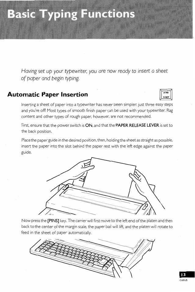 Automatic paper insertion, Auto paper insert, Paper release lever | Pins | Brother EM-430 User Manual | Page 15 / 60