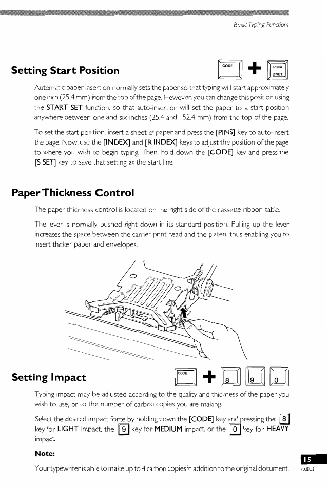 Setting start position, Paper thickness control, Start set | Pins, Index, R index, Code, S set, Light, Medium | Brother EM-430 User Manual | Page 17 / 60