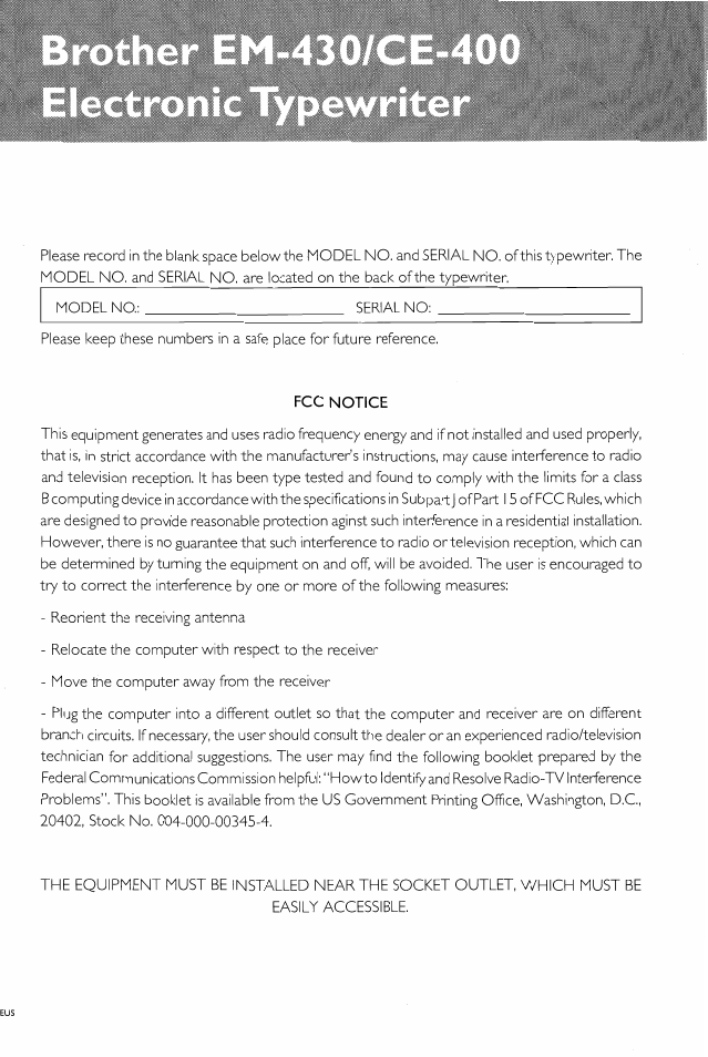 Fcc notice | Brother EM-430 User Manual | Page 2 / 60