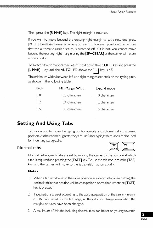 Setting and using tabs, Normal tabs, R mar | M rel, Spacebar, Code, L mar, Auto, Pitch min margin width expand mode, T set | Brother EM-430 User Manual | Page 25 / 60