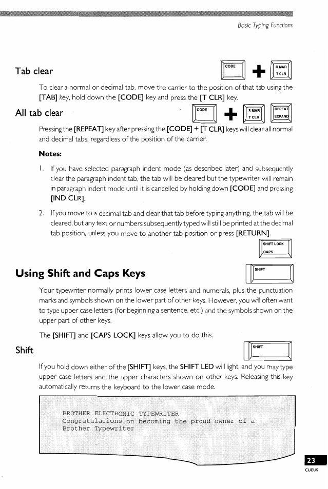 Tab clear, All tab clear, Using shift and caps keys | Shift | Brother EM-430 User Manual | Page 27 / 60