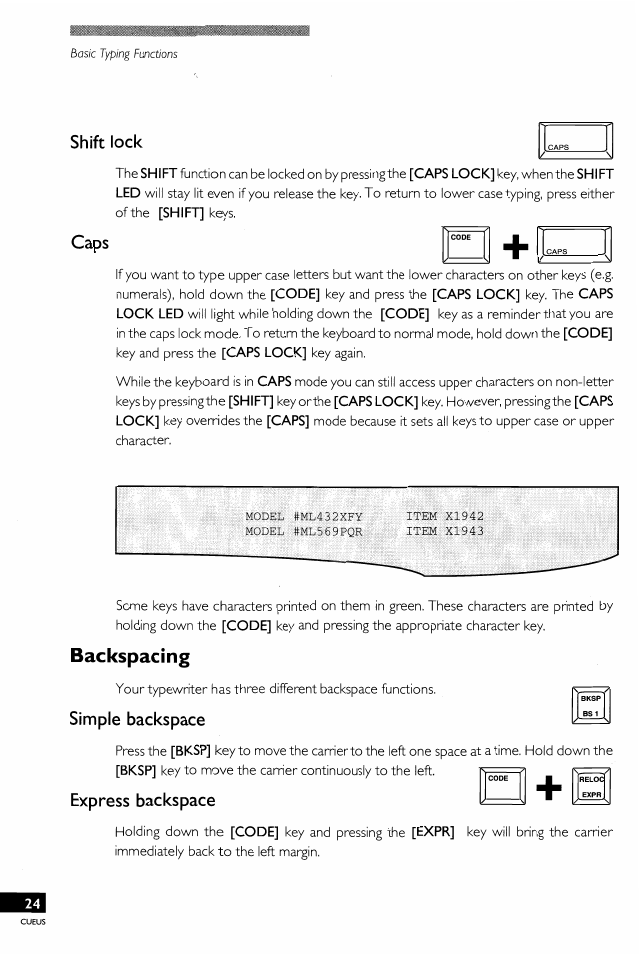 Shift lock, Caps, Backspacing | Simple backspace, Express backspace | Brother EM-430 User Manual | Page 28 / 60