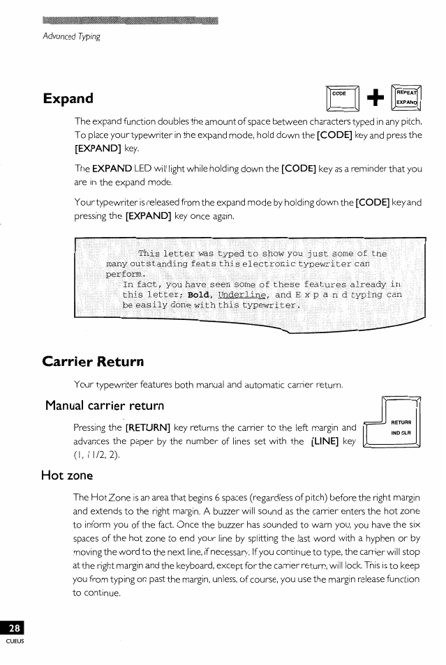 Expand, Carrier return, Manual carrier return | Hot zone | Brother EM-430 User Manual | Page 32 / 60