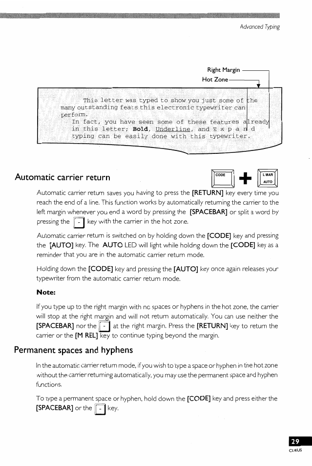 Automatic carrier return, Permanent spaces and hyphens, Auto carrier return | I j:;;.:^. ;|::1p:';