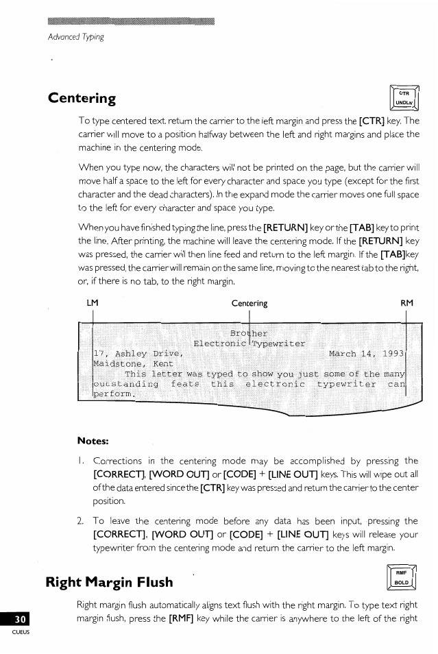 Centering, Right margin flush | Brother EM-430 User Manual | Page 34 / 60