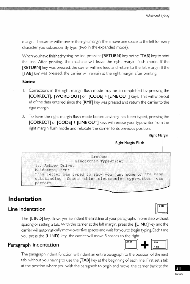 Indentation, Line indentation, Paragraph indentation | Brother EM-430 User Manual | Page 35 / 60