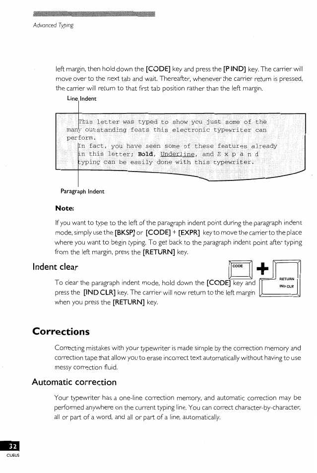 Indent clear, Corrections, Automatic correction | Manual correction | Brother EM-430 User Manual | Page 36 / 60