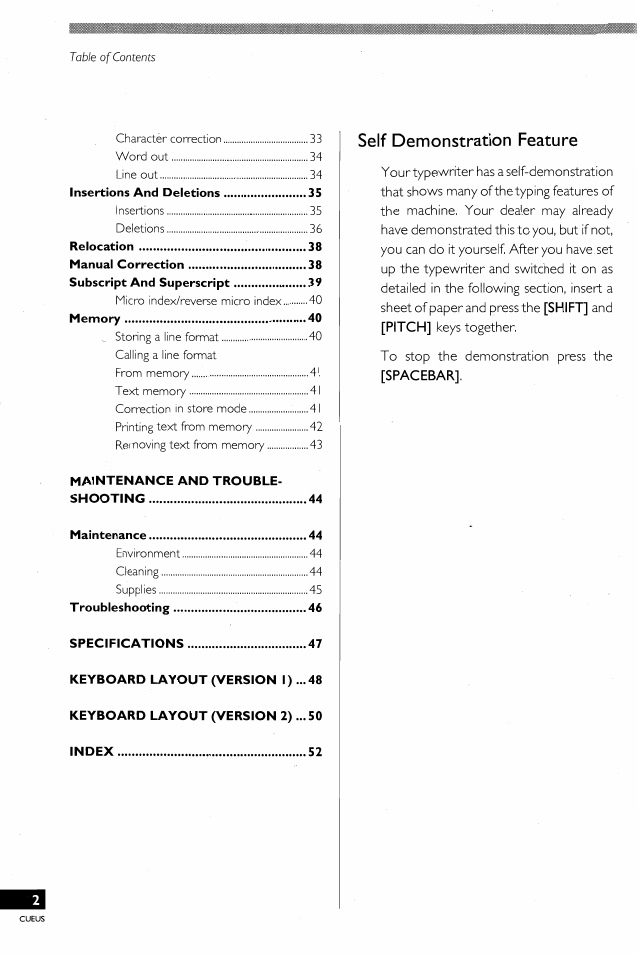 Self demonstration feature, Shift, Pitch | Spacebar | Brother EM-430 User Manual | Page 4 / 60