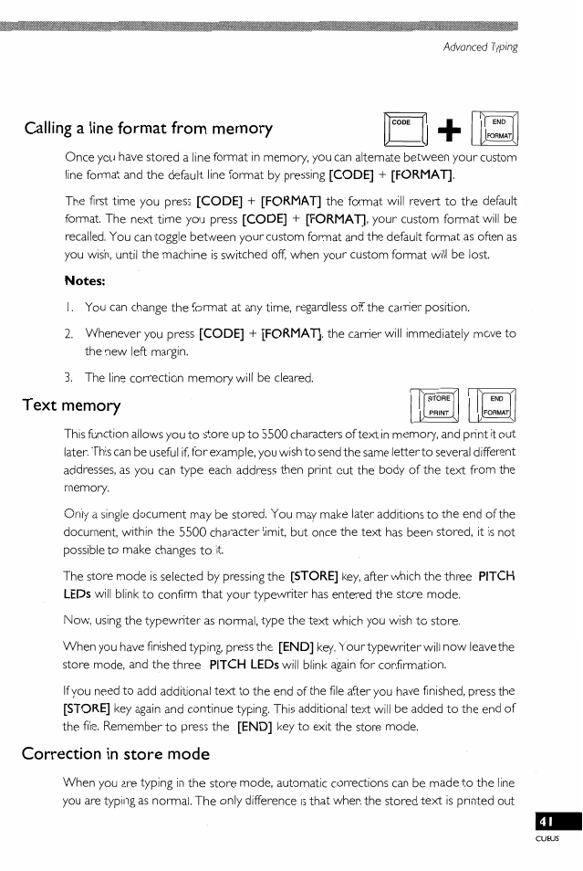 Calling a line format from memory, Text memory, Correction in store mode | Brother EM-430 User Manual | Page 45 / 60