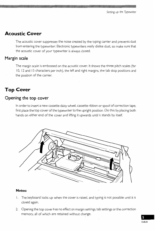 Acoustic cover, Margin scale, Top cover | Opening the top cover | Brother EM-430 User Manual | Page 7 / 60