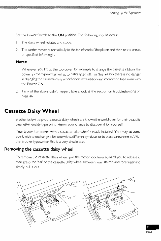 Cassette daisy wheel, Removing the cassette daisy wheel, Removing the daisy wheel | Brother EM-430 User Manual | Page 9 / 60