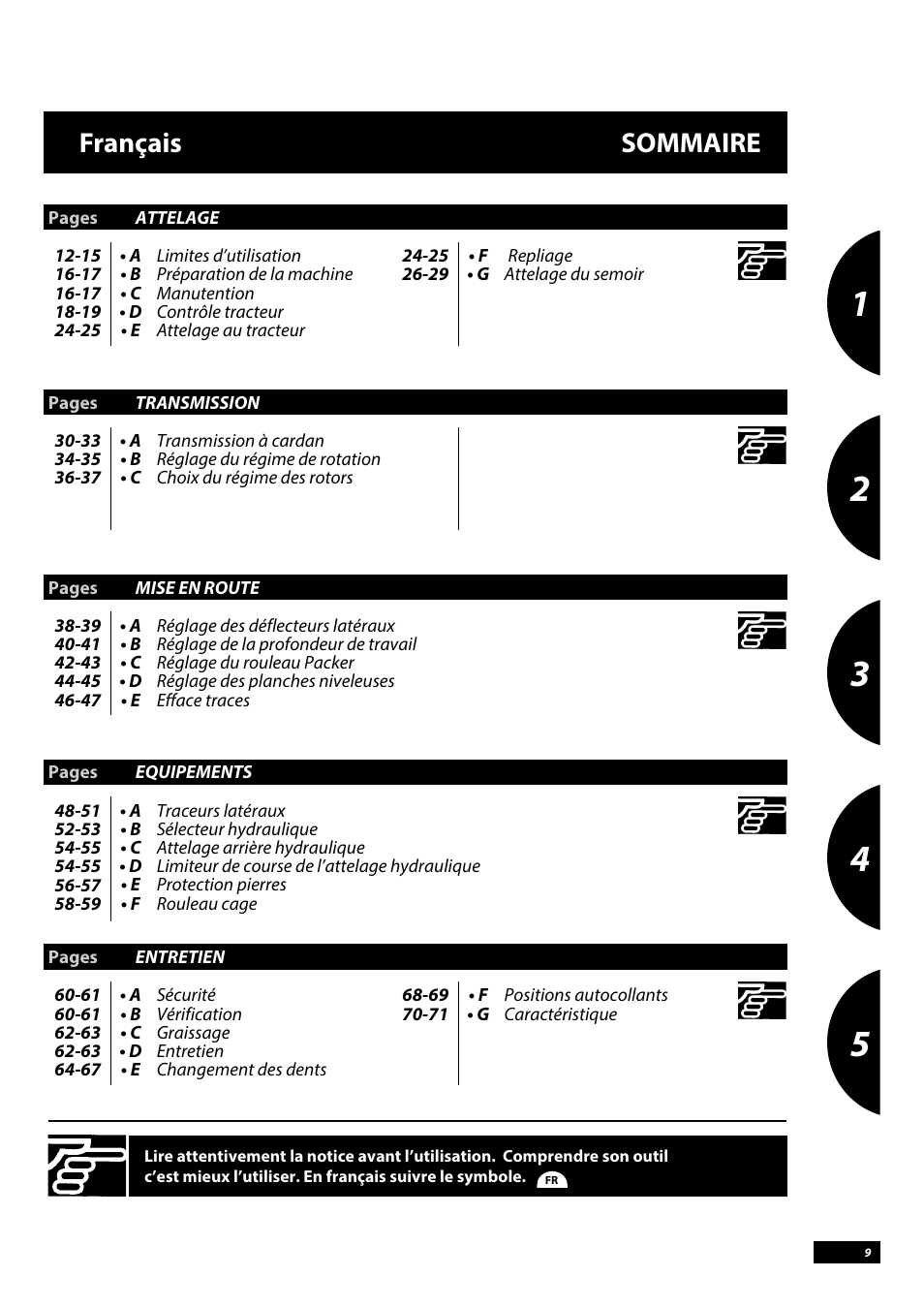 Français sommaire | Sulky Cultiline HRW 1000 User Manual | Page 11 / 73