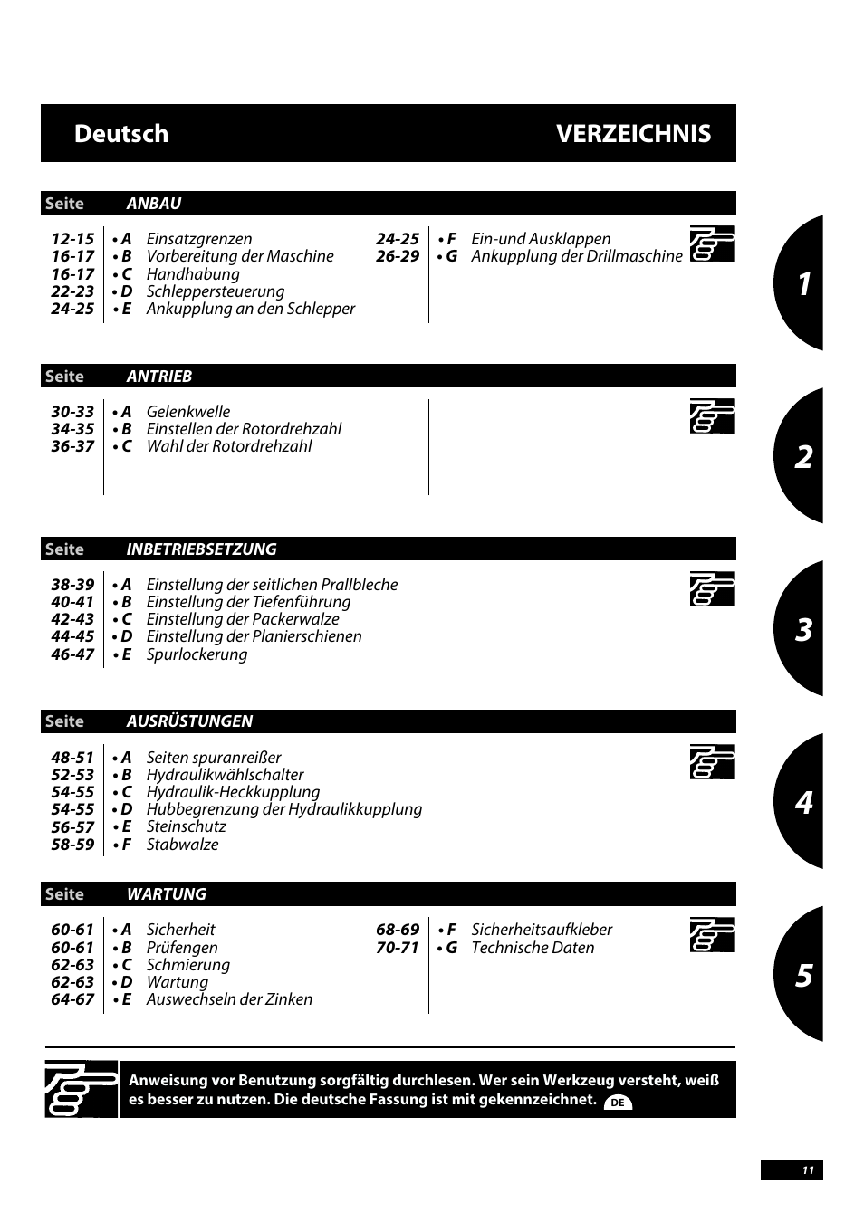 Deutsch verzeichnis | Sulky Cultiline HRW 1000 User Manual | Page 13 / 73