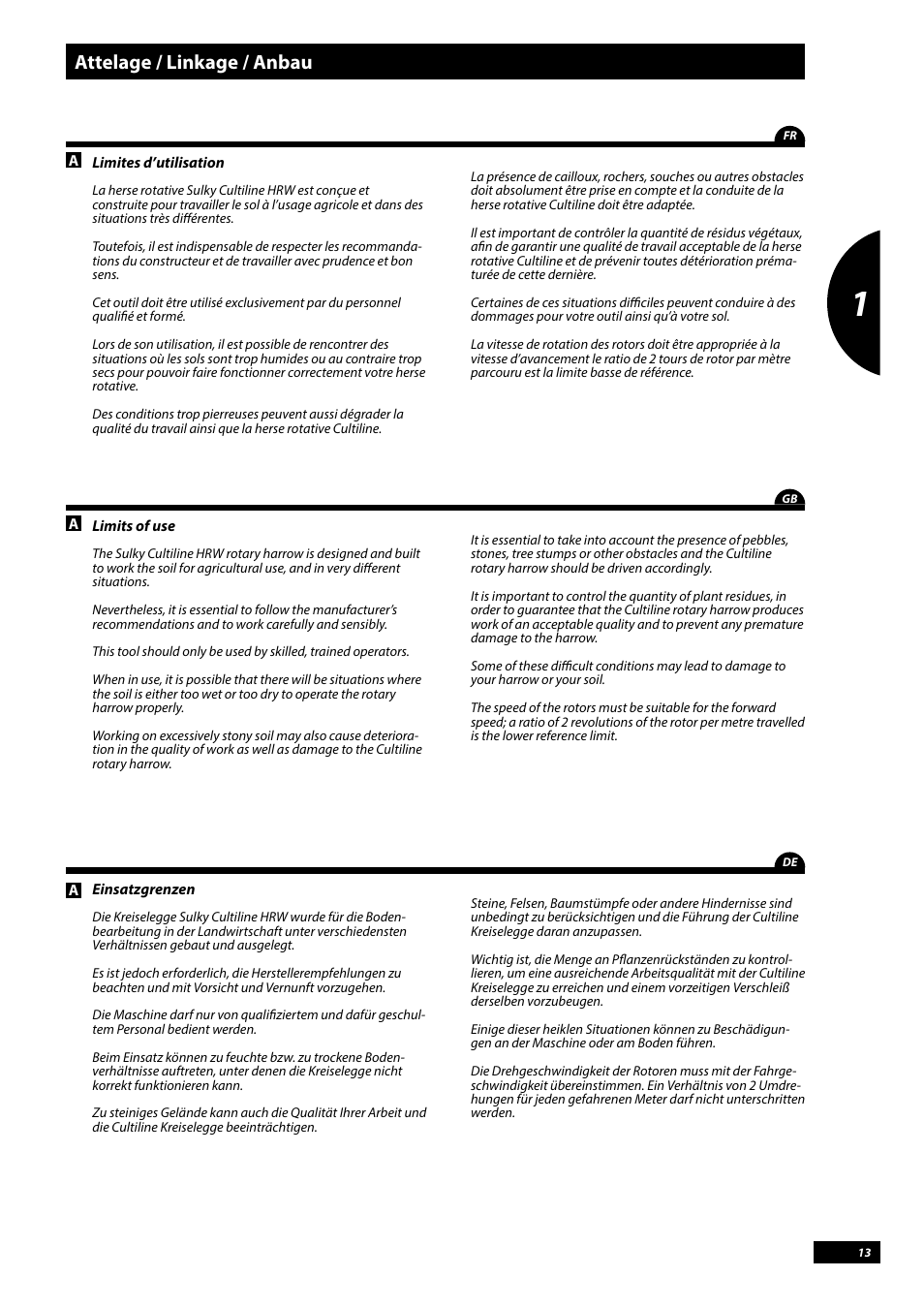 Attelage / linkage / anbau | Sulky Cultiline HRW 1000 User Manual | Page 15 / 73