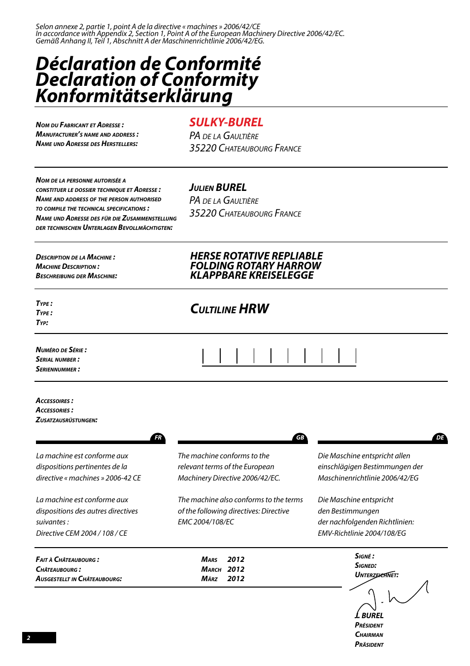 Sulky-burel, Burel, Ultiline | Sulky Cultiline HRW 1000 User Manual | Page 4 / 73