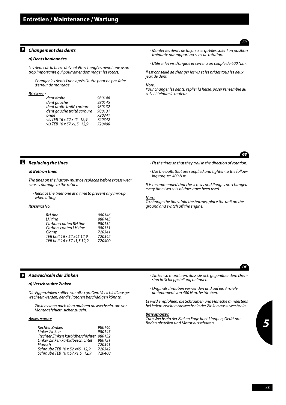 Entretien / maintenance / wartung | Sulky Cultiline HRW 1000 User Manual | Page 67 / 73