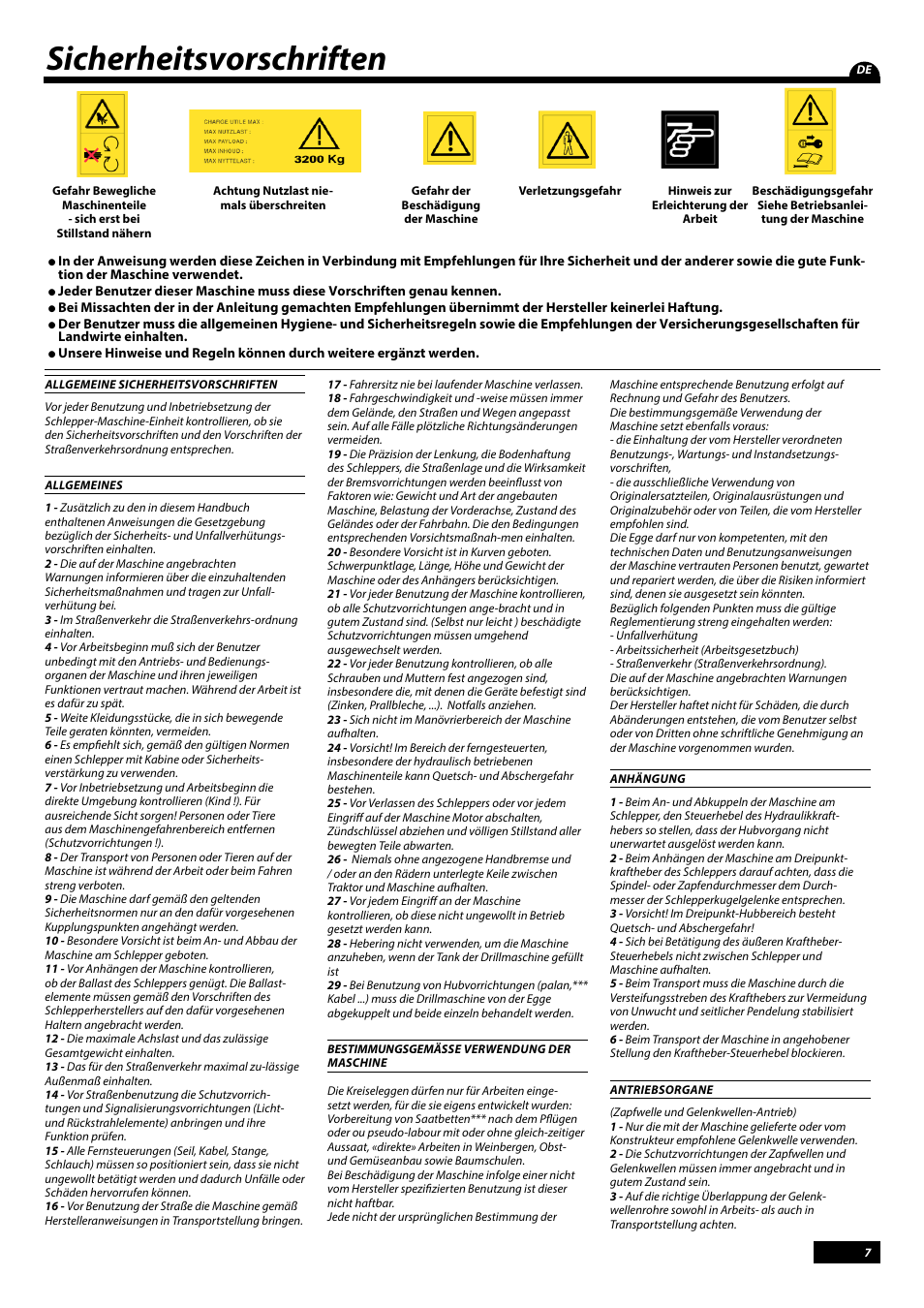 Sicherheitsvorschriften | Sulky Cultiline HRW 1000 User Manual | Page 9 / 73