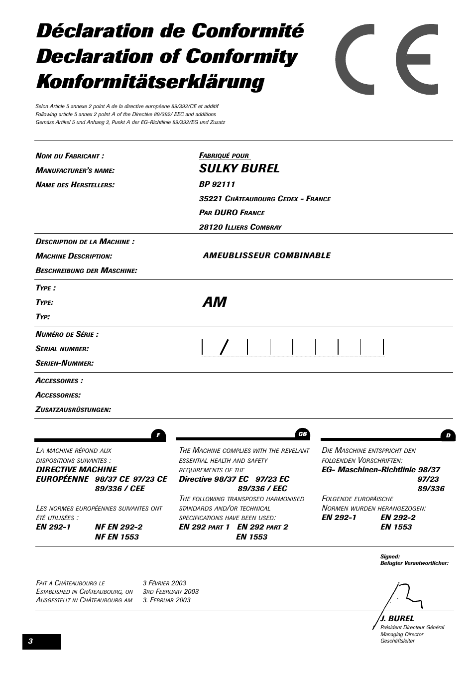 Sulky burel | Sulky Cultiline AM User Manual | Page 3 / 20
