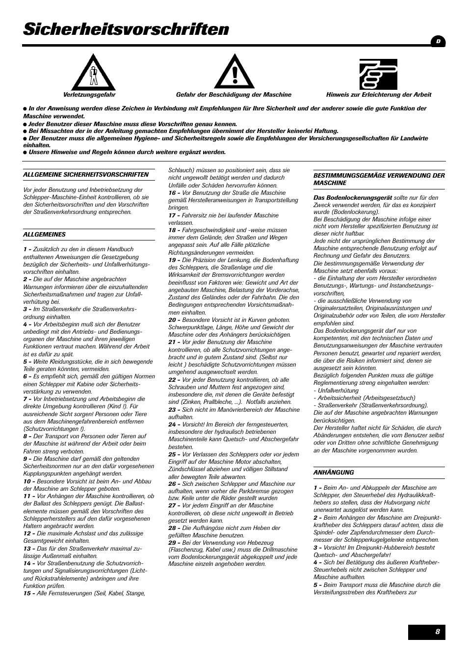 Sicherheitsvorschriften | Sulky Cultiline AM User Manual | Page 8 / 20
