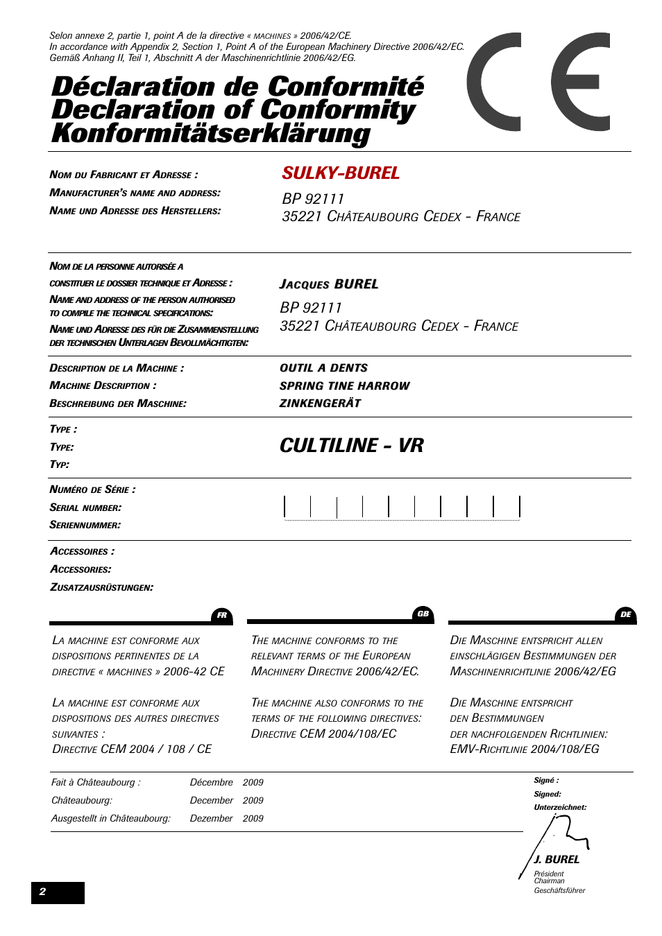 Cultiline - vr, Sulky-burel, Burel | Sulky Cultiline VR User Manual | Page 4 / 45
