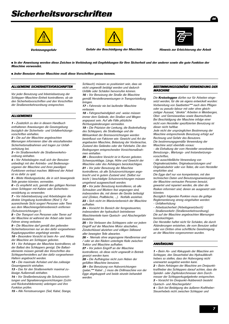 Sicherheitsvorschriften | Sulky Cultiline VR User Manual | Page 9 / 45