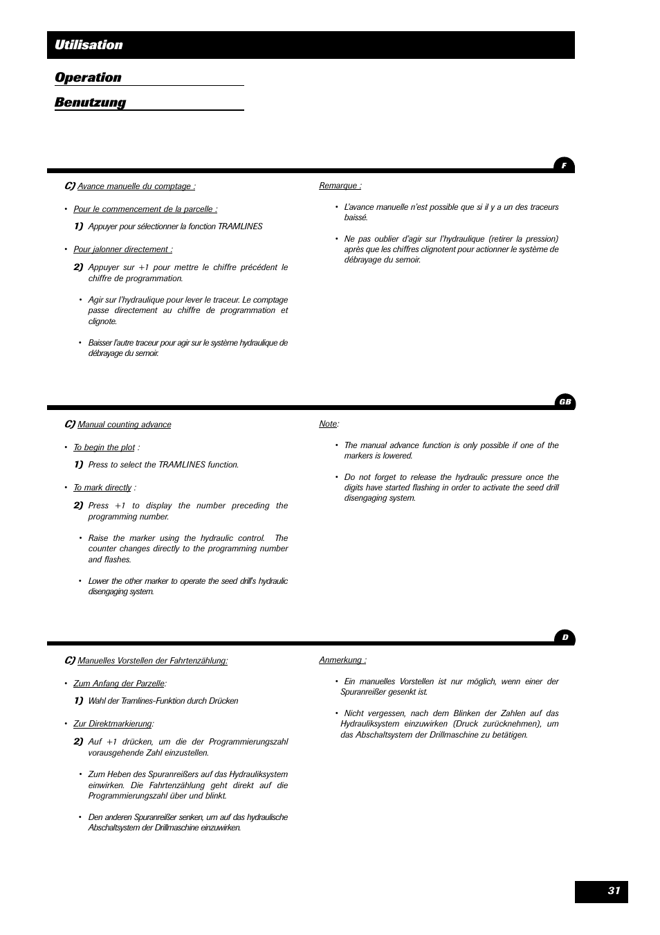 Utilisation operation benutzung | Sulky TRONIC User Manual | Page 31 / 46