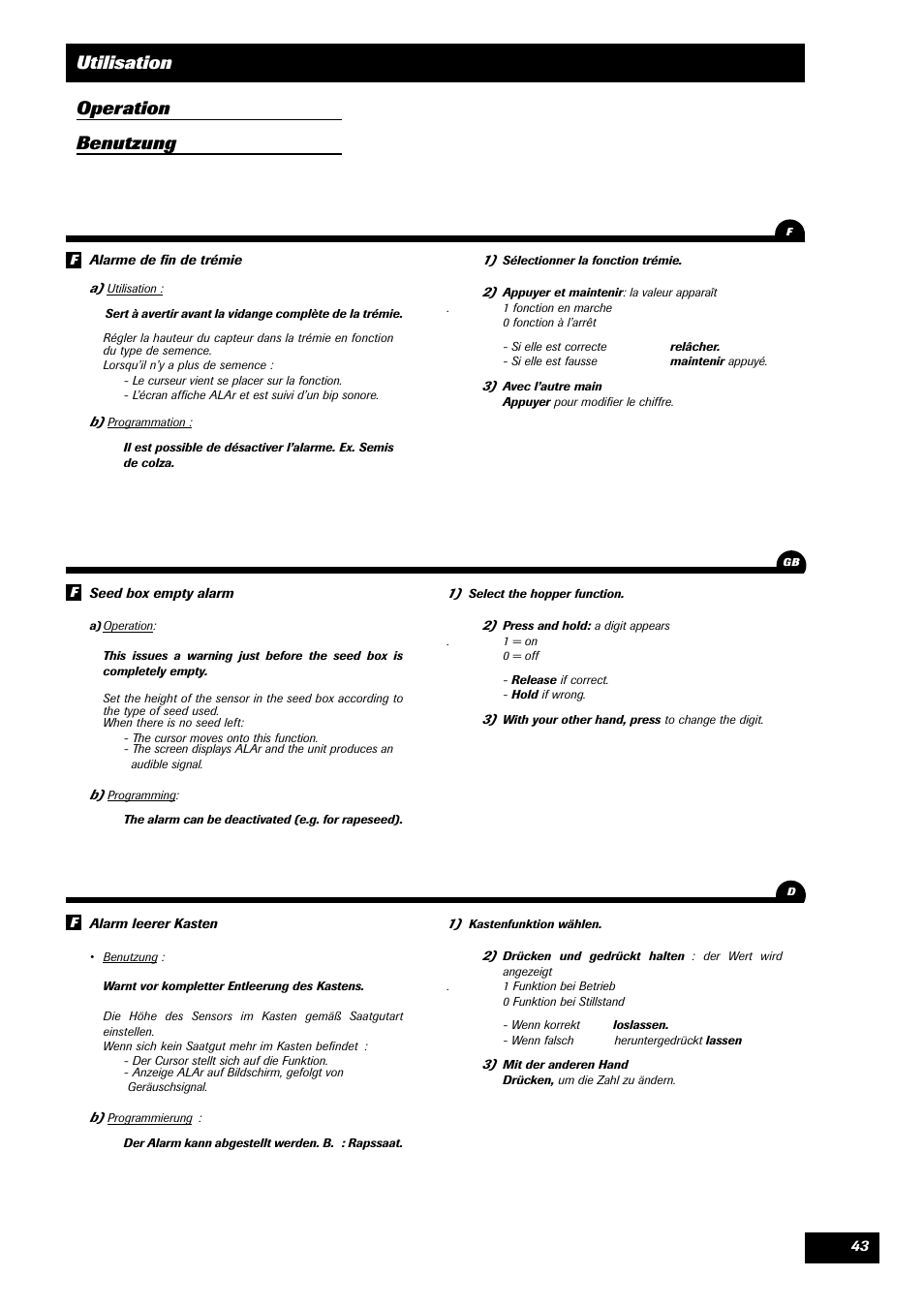 Utilisation operation benutzung | Sulky TRONIC User Manual | Page 43 / 46