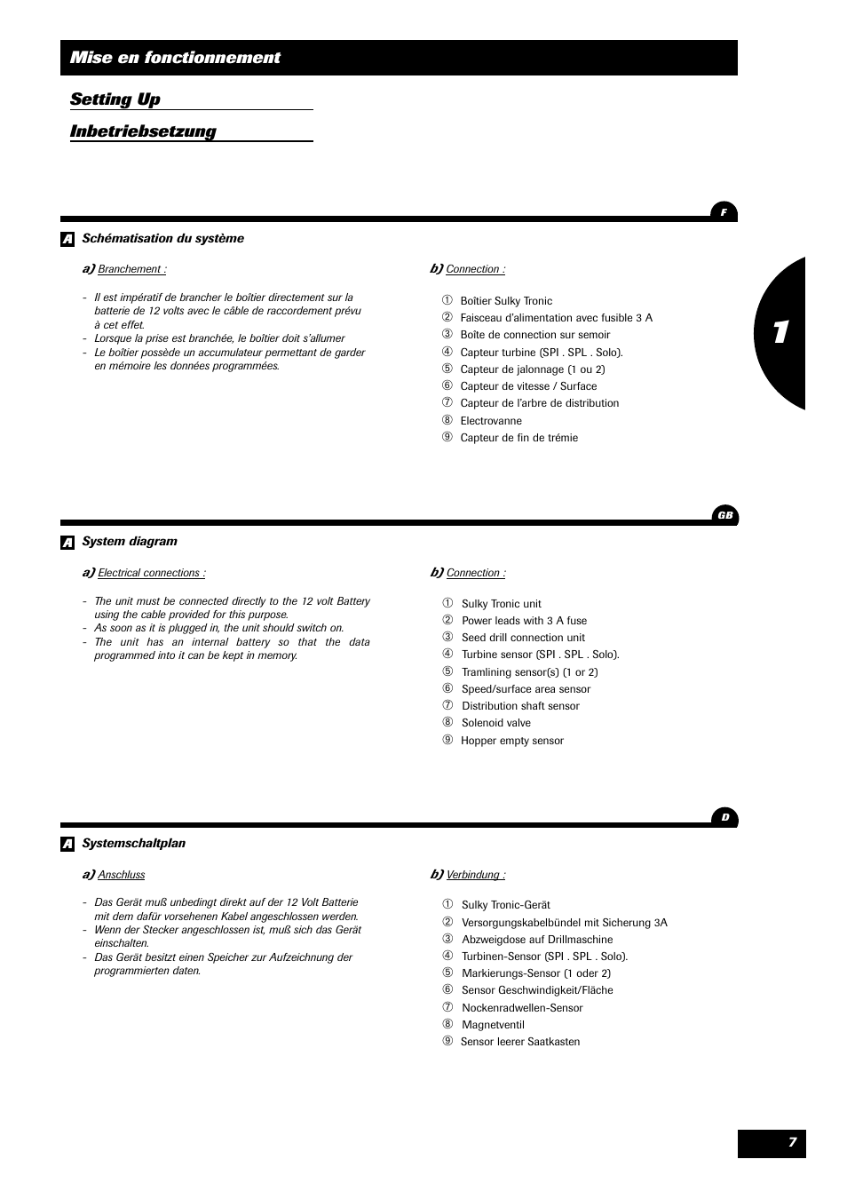 Mise en fonctionnement setting up inbetriebsetzung | Sulky TRONIC User Manual | Page 7 / 46