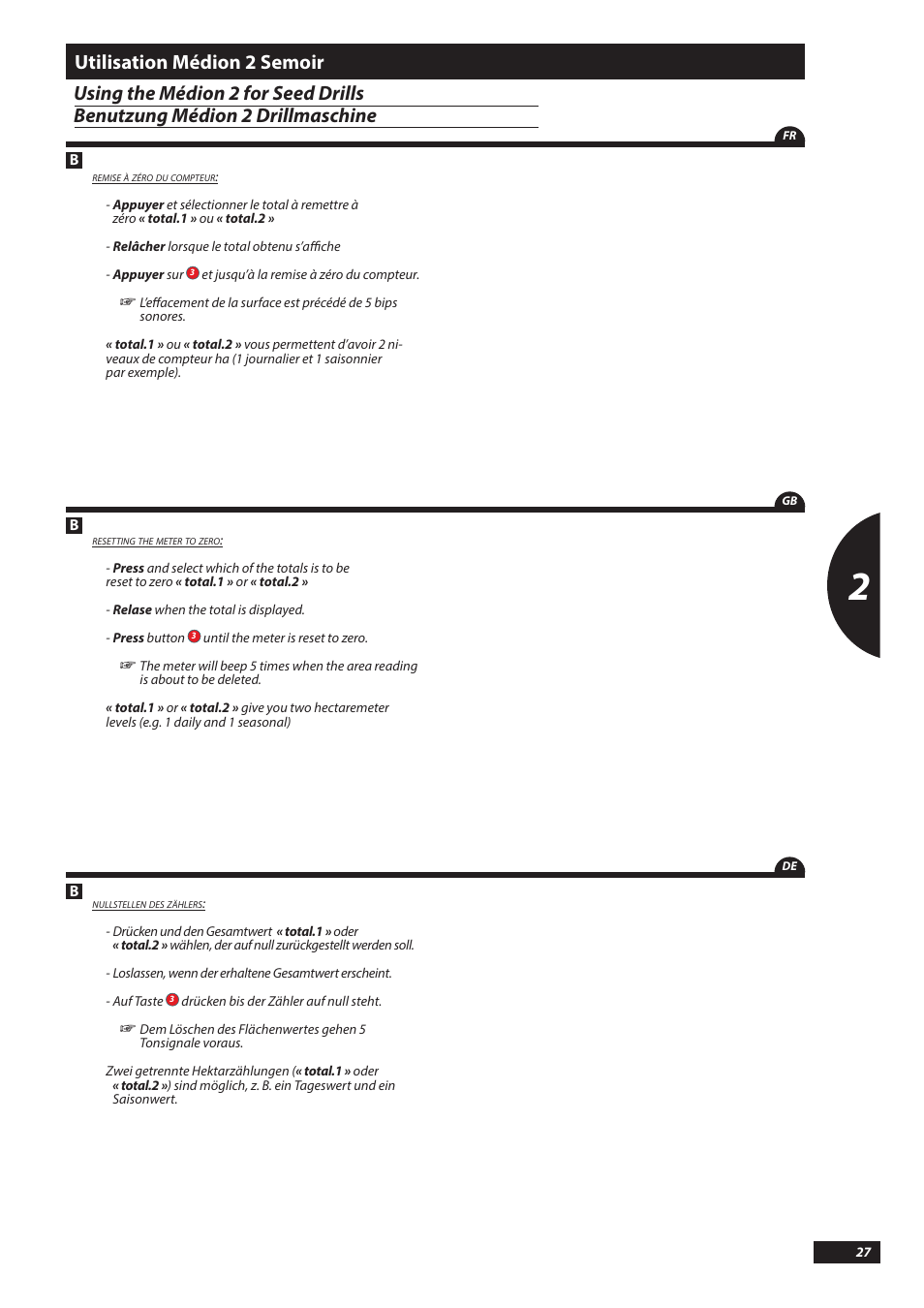 Using the médion 2 for seed drills, Benutzung médion 2 drillmaschine, Utilisation médion 2 semoir | Sulky MEDION 2 User Manual | Page 27 / 46