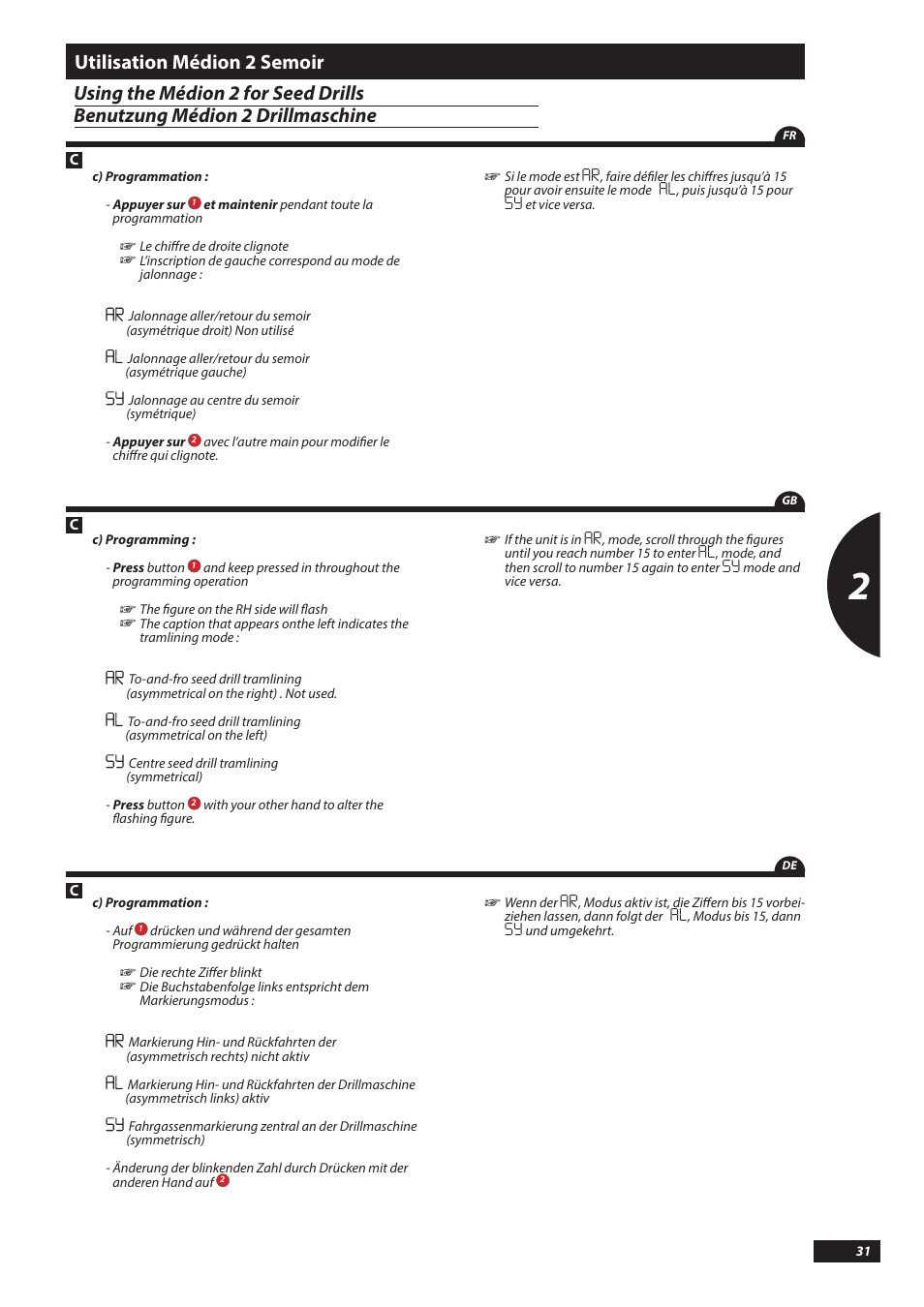 Using the médion 2 for seed drills, Benutzung médion 2 drillmaschine, Utilisation médion 2 semoir | Sulky MEDION 2 User Manual | Page 31 / 46