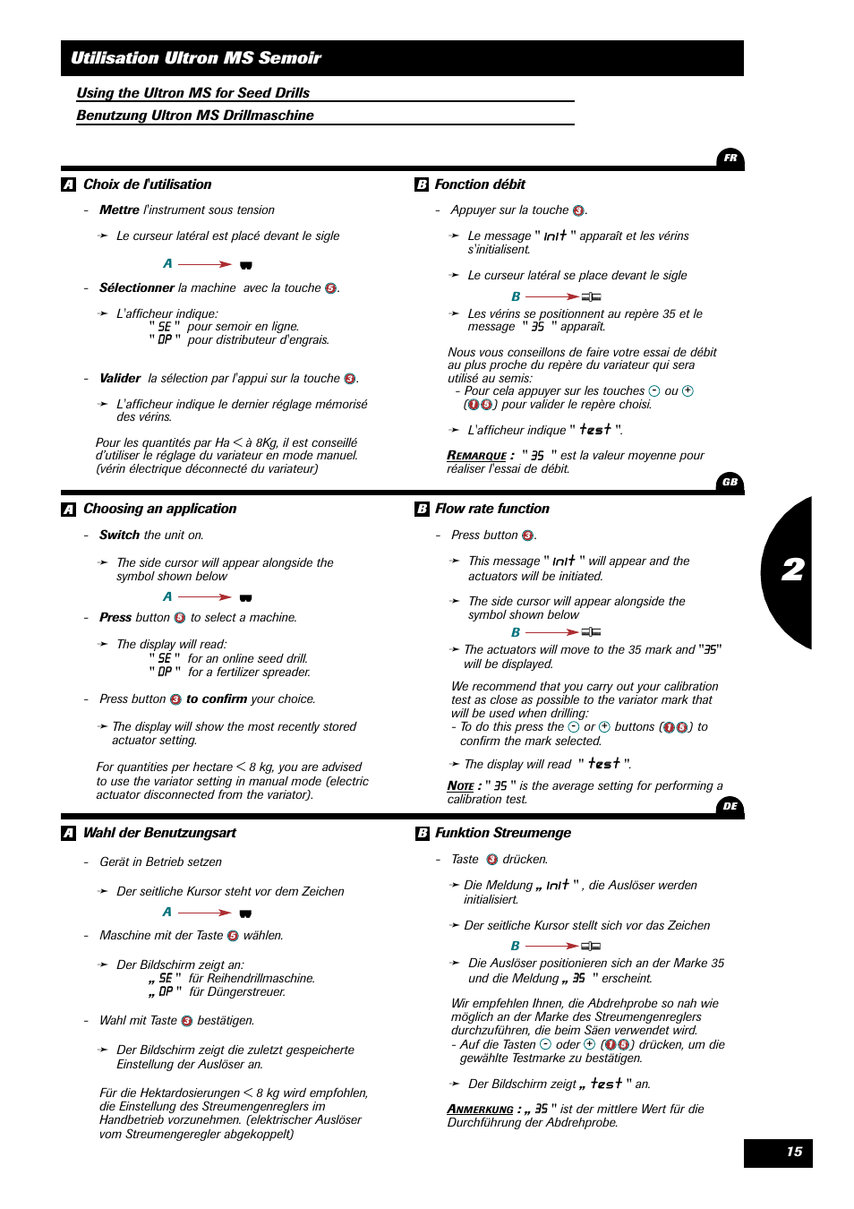 Utilisation ultron ms semoir, Iinniitt, Tteesstt | Sulky ULTRON MS User Manual | Page 15 / 68