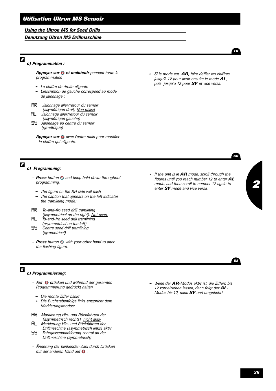 Utilisation ultron ms semoir | Sulky ULTRON MS User Manual | Page 39 / 68