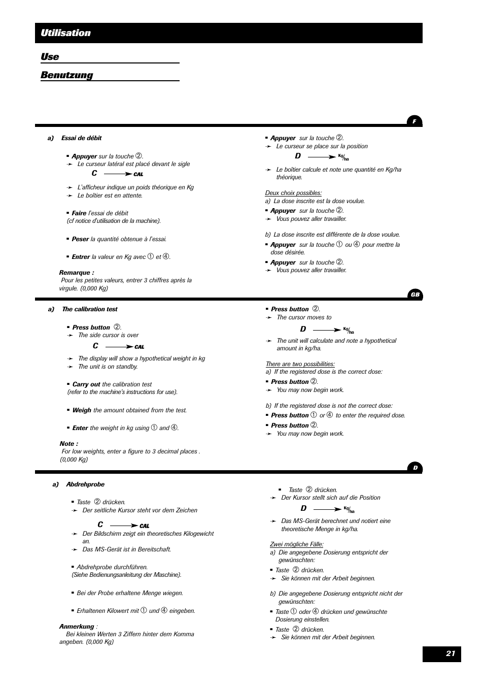 Utilisation use benutzung | Sulky MS User Manual | Page 21 / 30