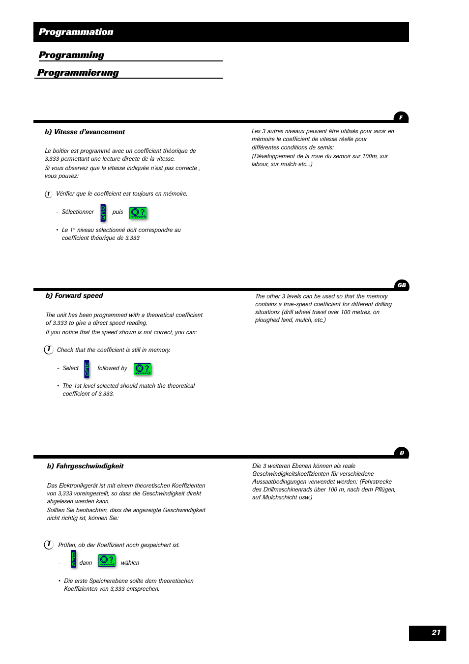 Programmation programming programmierung | Sulky VISION 1 SPB < 06/2009 User Manual | Page 21 / 55