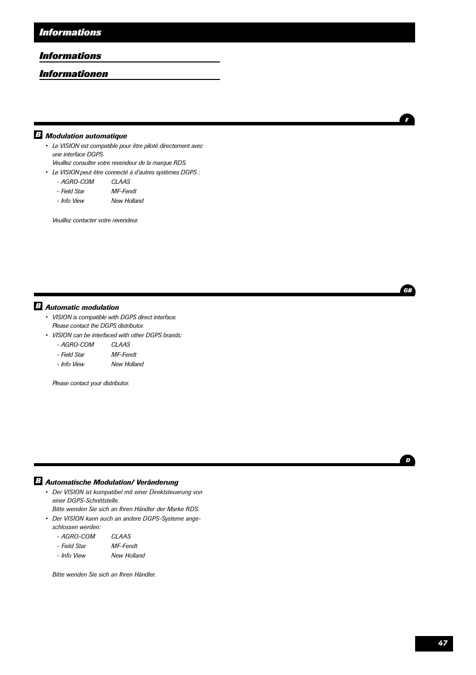 Informations, Informations informationen | Sulky VISION 1 SPB < 06/2009 User Manual | Page 47 / 55