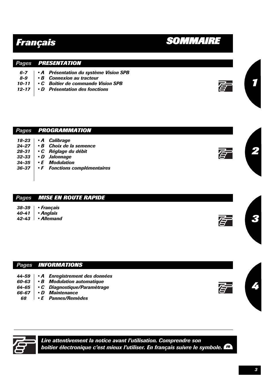 Sommaire français | Sulky VISION 2 SPB >= 06/2009 User Manual | Page 3 / 71