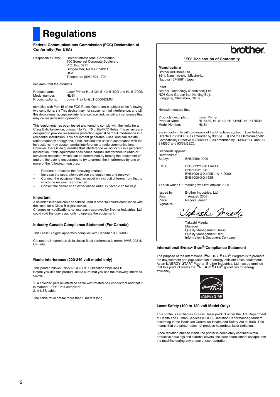 Regulations | Brother HL-5140 User Manual | Page 4 / 26
