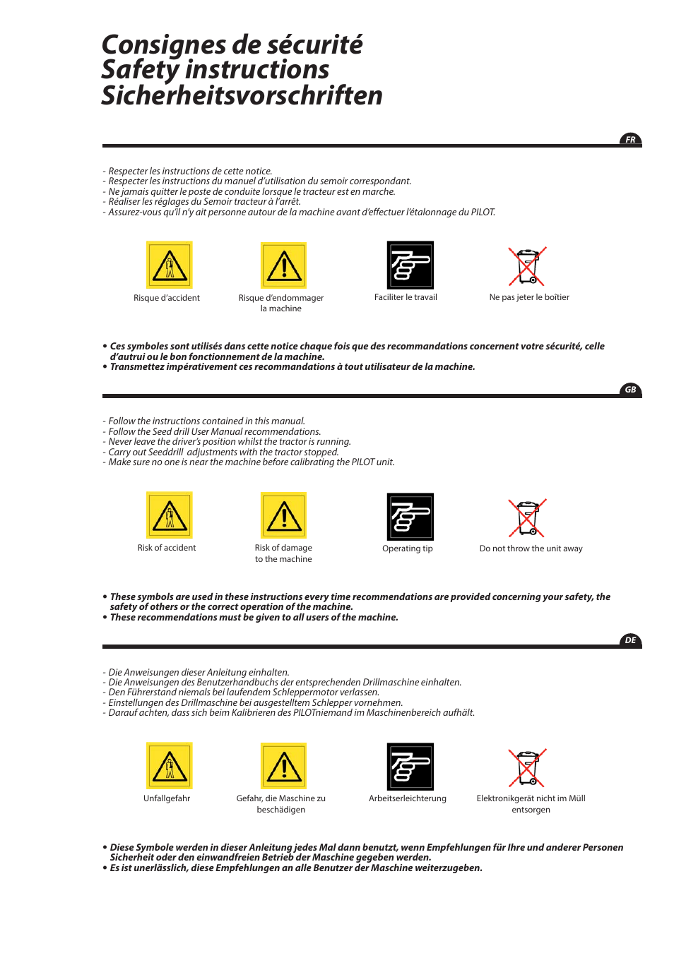 Sicherheitsvorschriften, Safety instructions, Consignes de sécurité | Sulky PILOT User Manual | Page 2 / 59