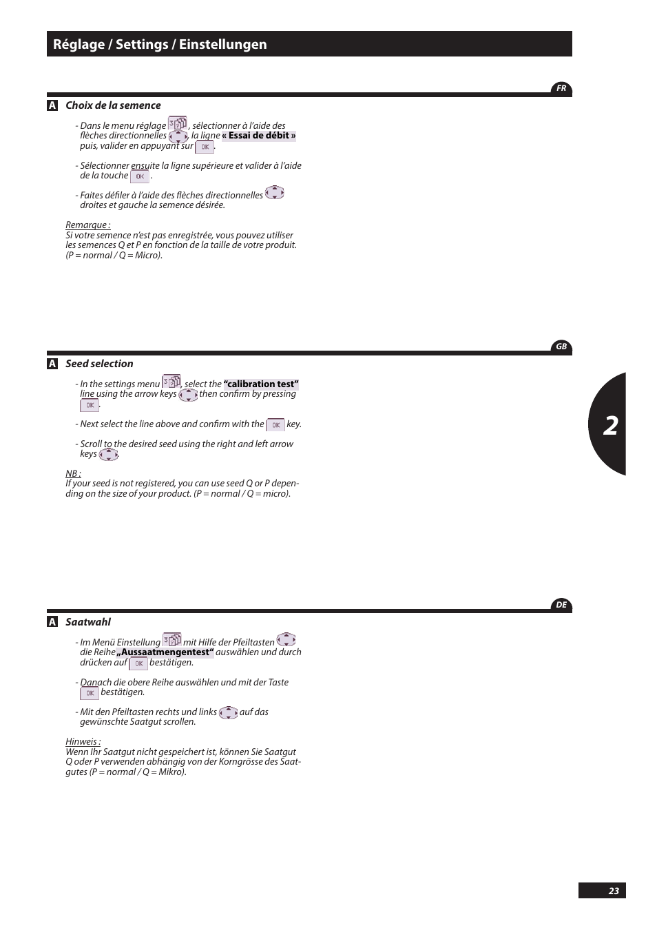 Réglage / settings / einstellungen | Sulky PILOT User Manual | Page 23 / 59