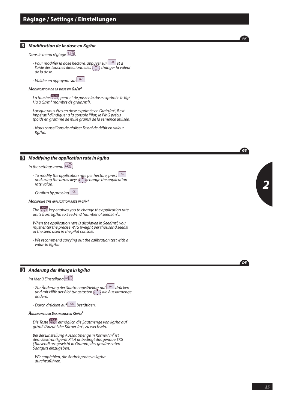 Réglage / settings / einstellungen | Sulky PILOT User Manual | Page 25 / 59