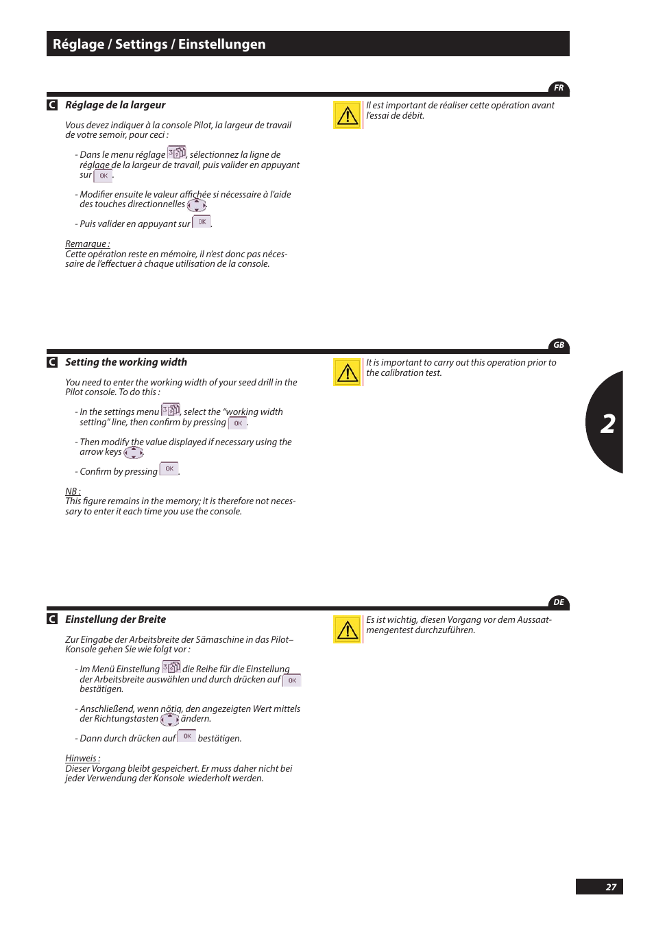 Réglage / settings / einstellungen | Sulky PILOT User Manual | Page 27 / 59