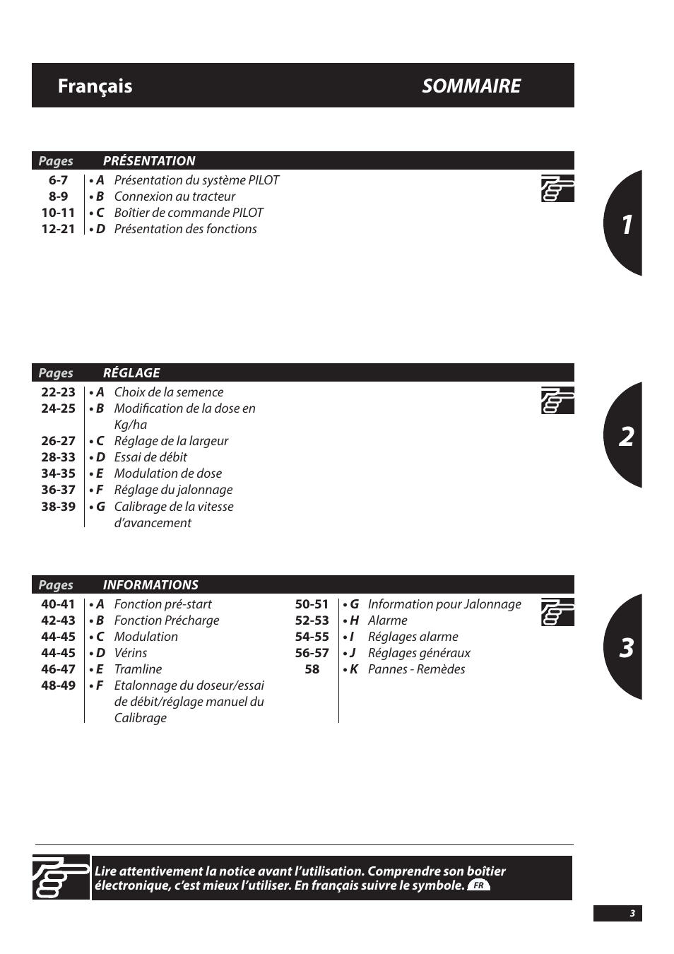 Français sommaire | Sulky PILOT User Manual | Page 3 / 59