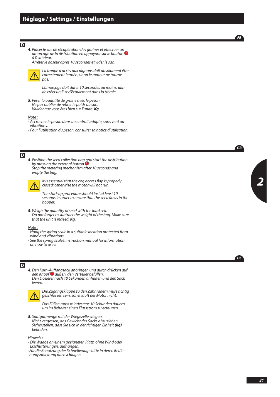 Réglage / settings / einstellungen | Sulky PILOT User Manual | Page 31 / 59
