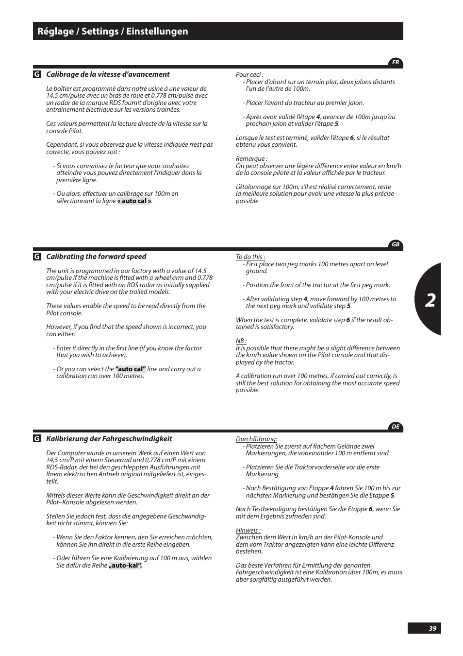 Réglage / settings / einstellungen | Sulky PILOT User Manual | Page 39 / 59