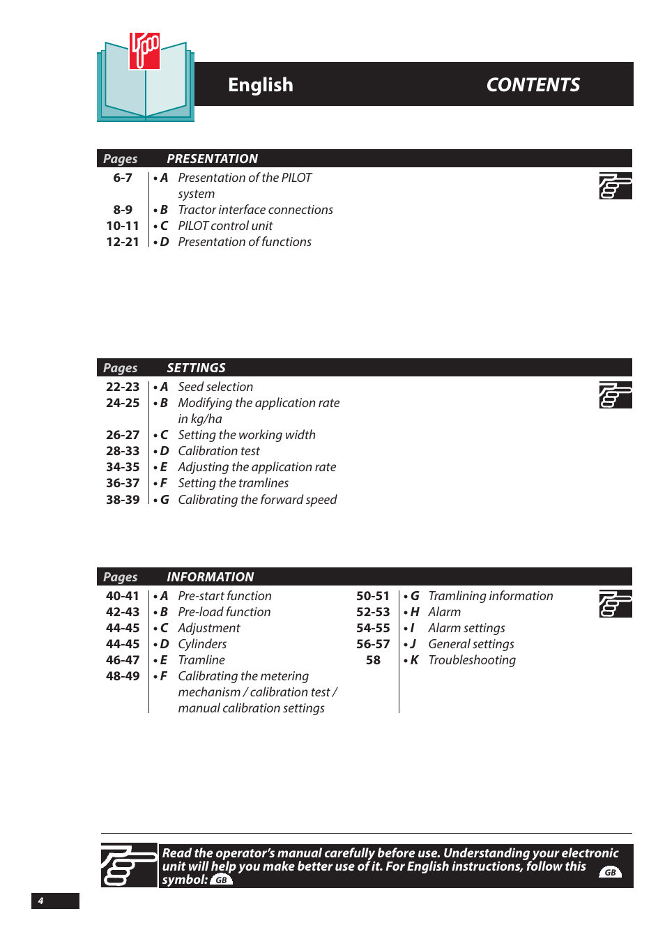 English contents | Sulky PILOT User Manual | Page 4 / 59