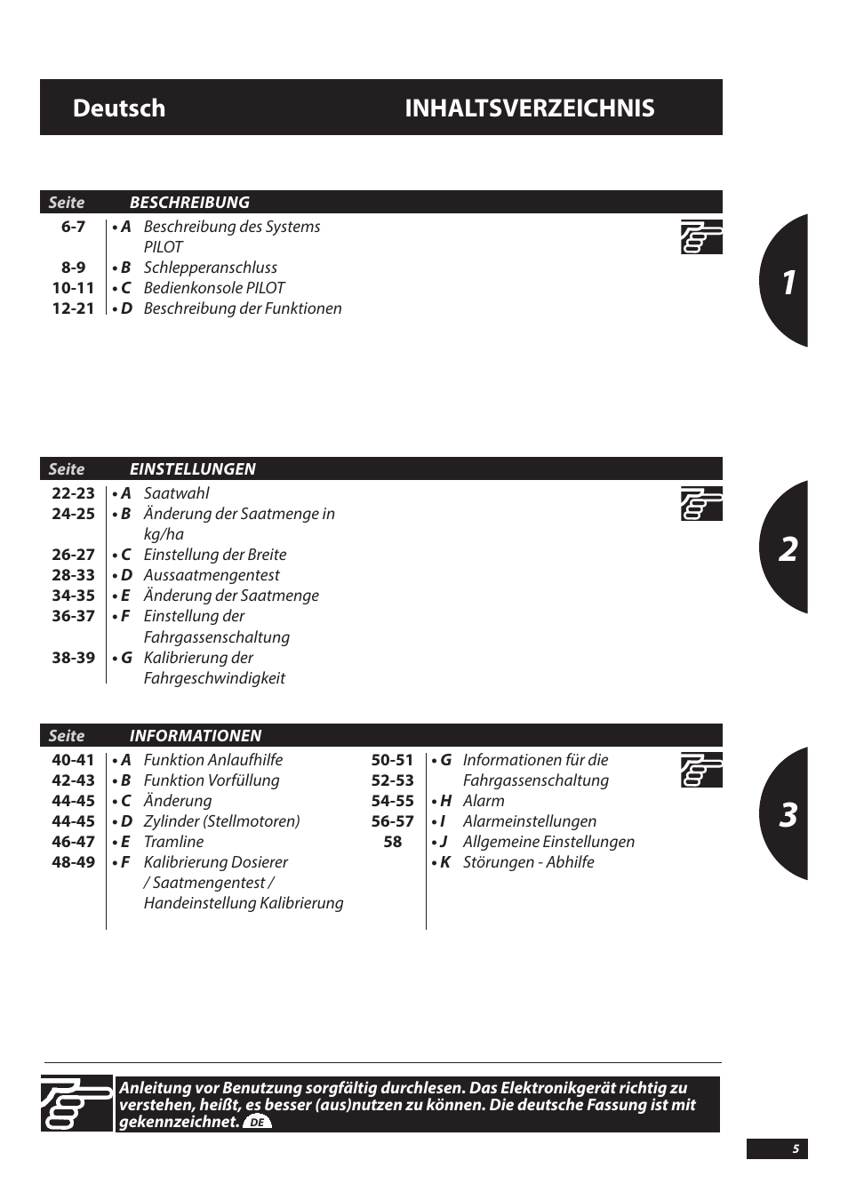 Deutsch inhaltsverzeichnis | Sulky PILOT User Manual | Page 5 / 59