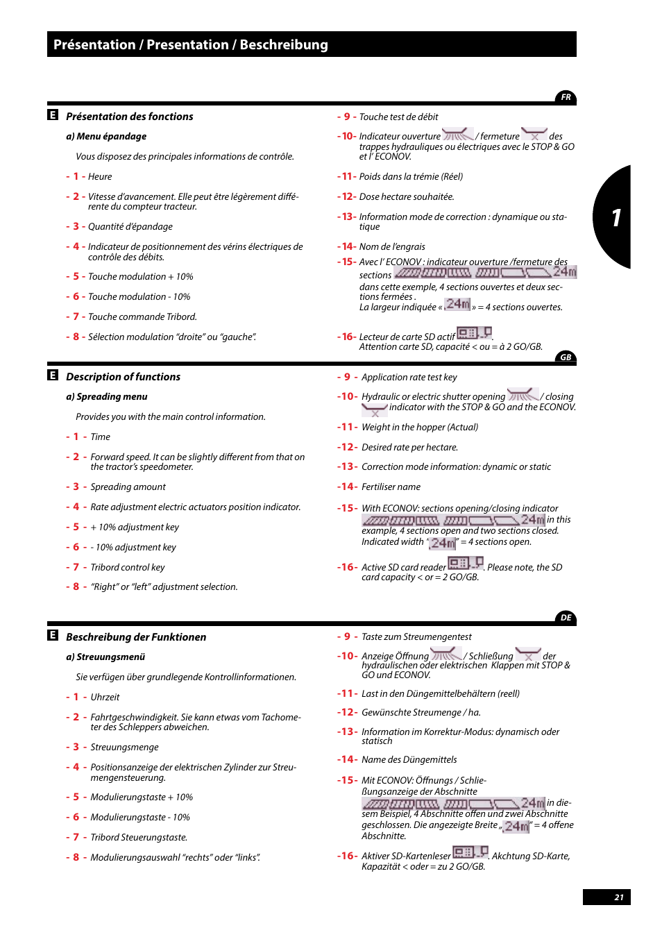 Présentation / presentation / beschreibung | Sulky Vision Can WPB User Manual | Page 21 / 135